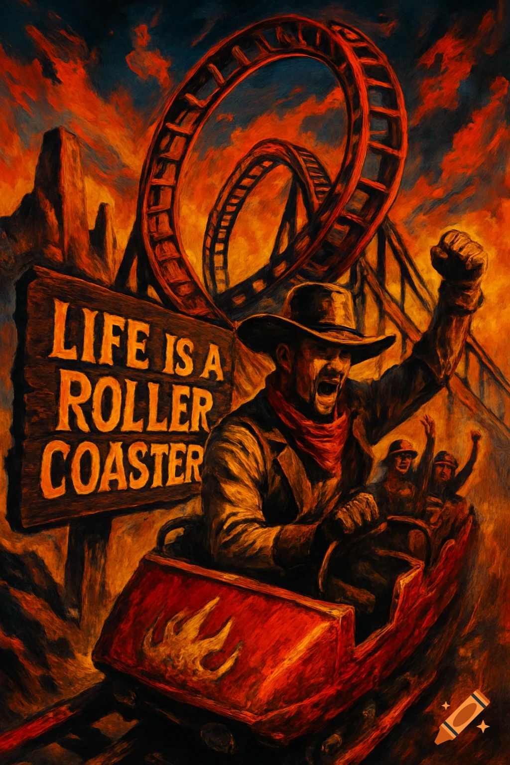 A cowboy rides a roller coaster under an orange sky, next to a sign reading "Life Is A Roller Coaster" in a painterly style.