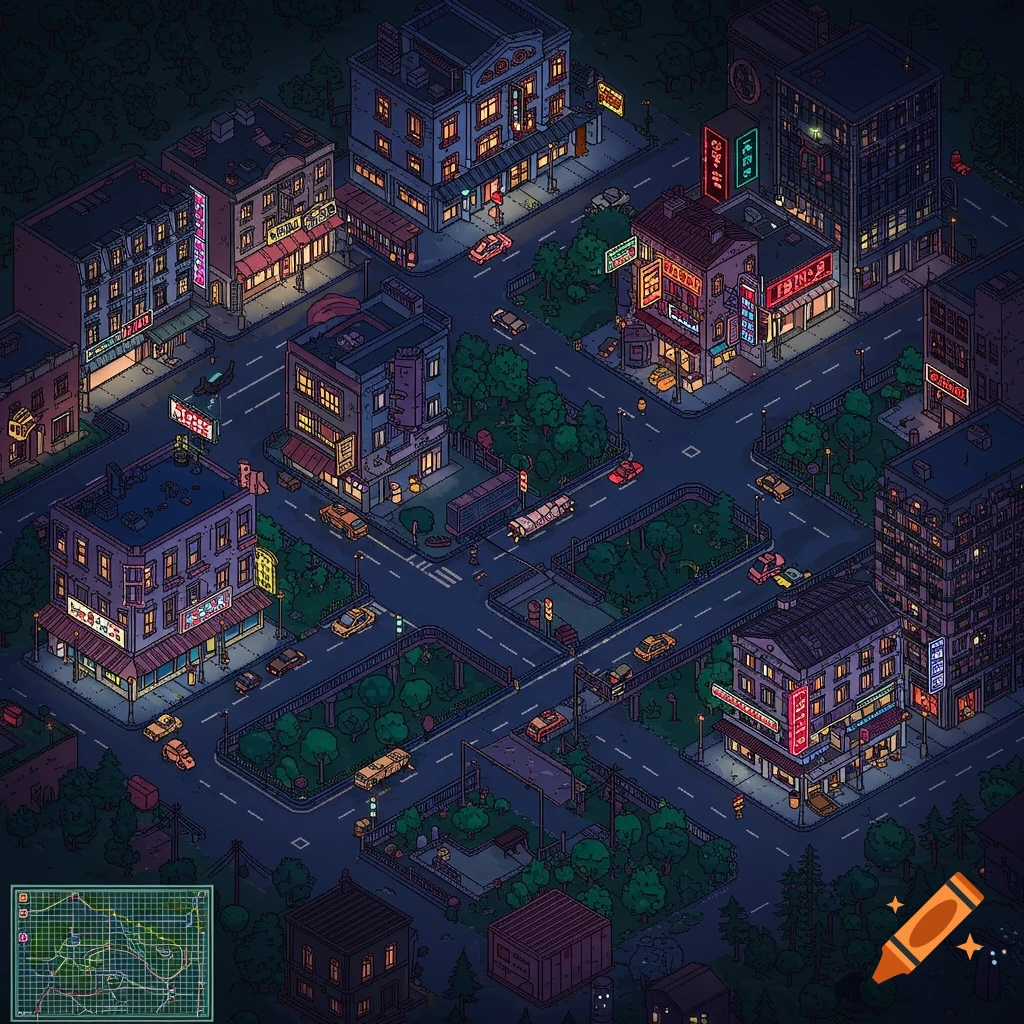 An isometric pixelated illustration of city streets and buildings at night with cars and streetlights.