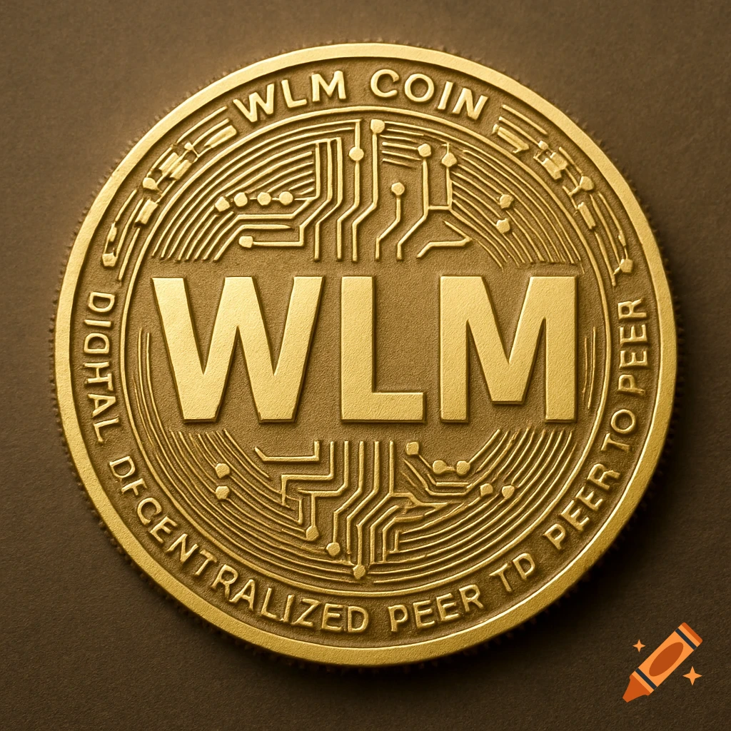 Close-up of a golden coin with 'WLM' and circuitry patterns, resembling a cryptocurrency