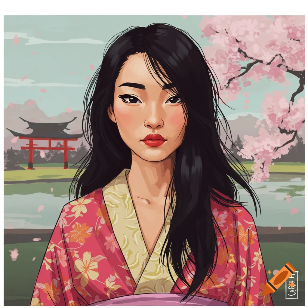 Illustration of a woman in a pink kimono with cherry blossoms and a torii gate in the background.