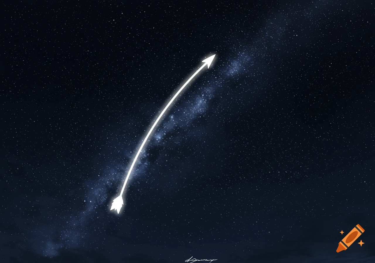A glowing white arrow shoots upwards through the dark night sky with the Milky Way visible.