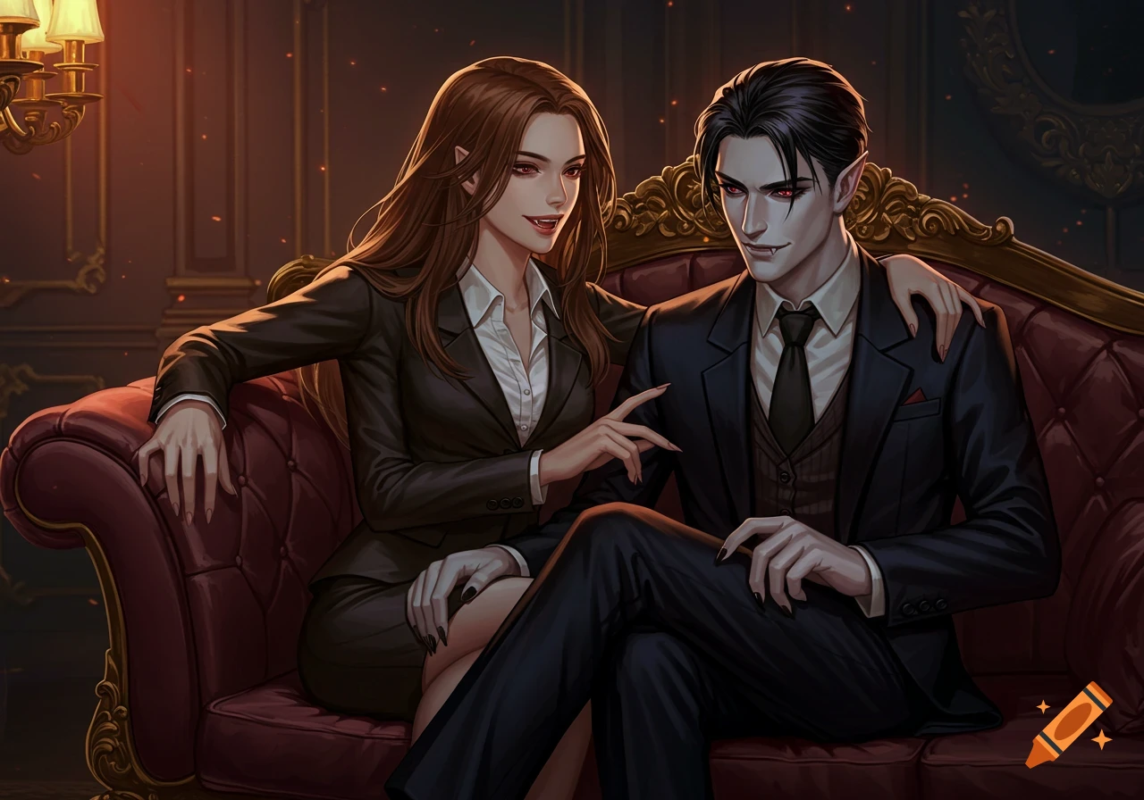 Digital art of a vampire couple in formal wear posing on a red couch.