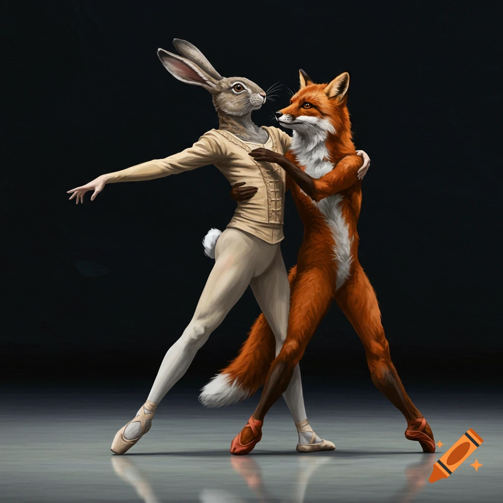 A rabbit and a fox in ballet attire perform a pas de deux dance.