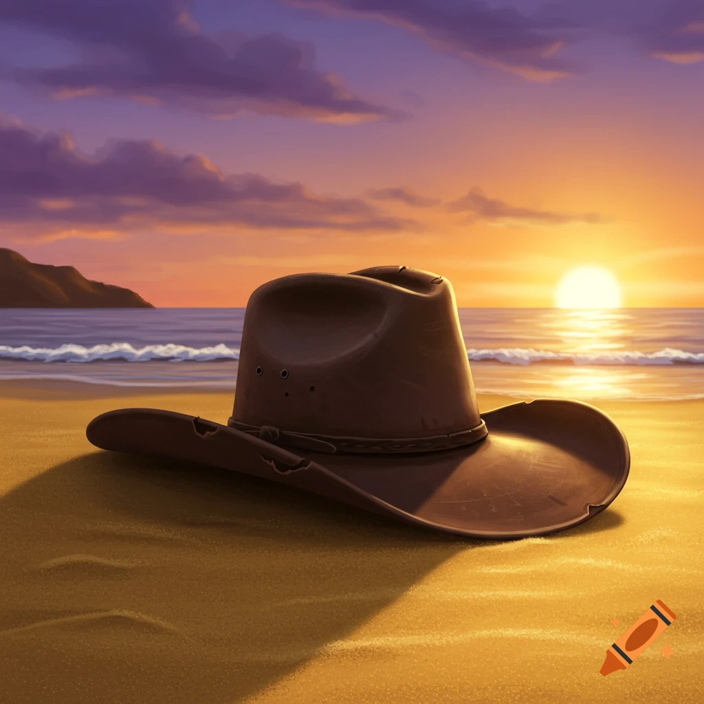 A cowboy hat rests on a sandy beach during a colorful sunset over the ocean.