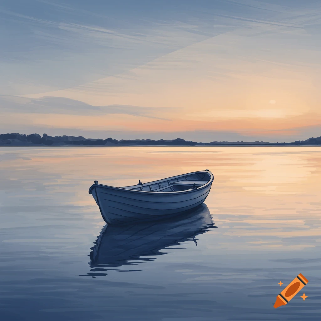An illustration of a rowboat on calm water at sunset.
