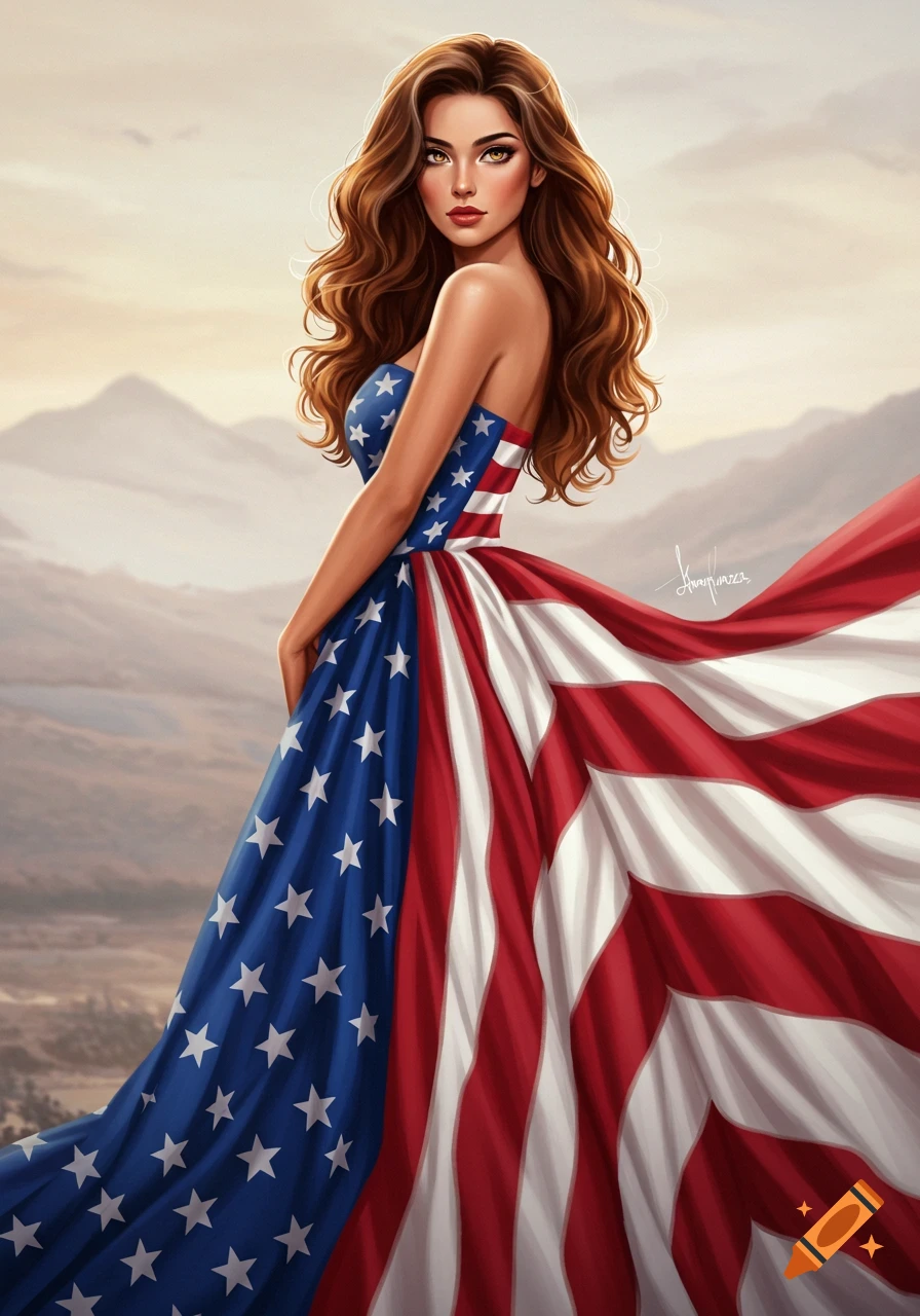 Digital art of a woman in an American flag dress in a mountain landscape.