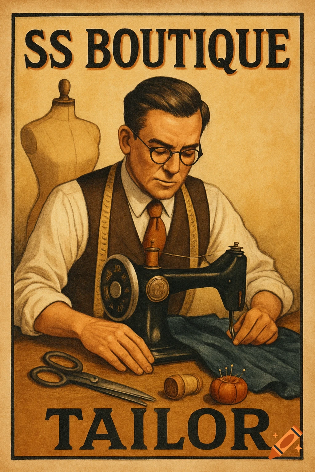 A vintage-style poster shows a tailor sewing at a machine with text "SS BOUTIQUE" and "TAILOR".