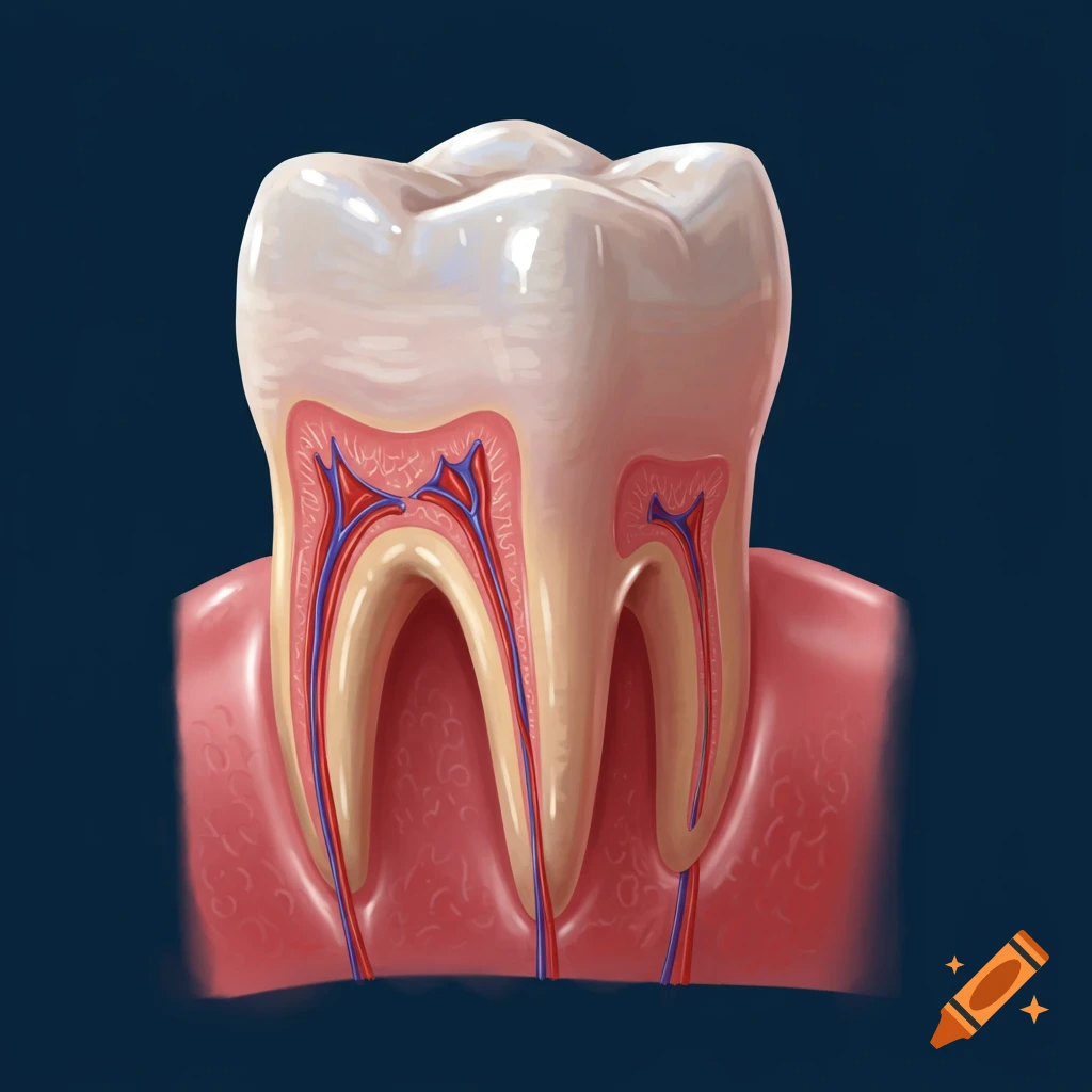 Detailed cross-section illustration of a tooth and gum showing roots, nerves, and blood vessels.