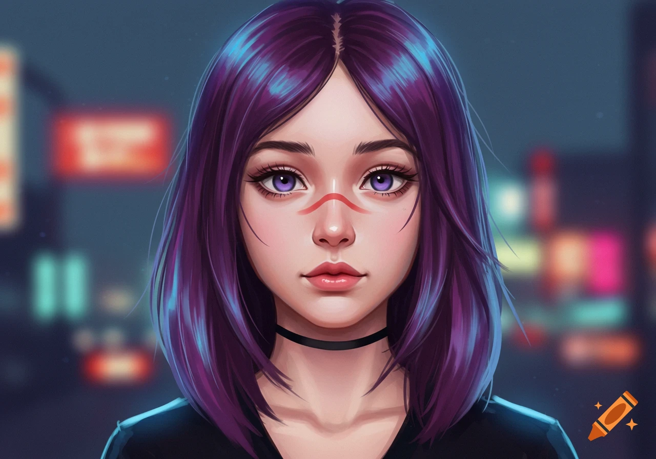 Digital painting portrait of a young woman with purple hair and purple eyes against a blurry city background.