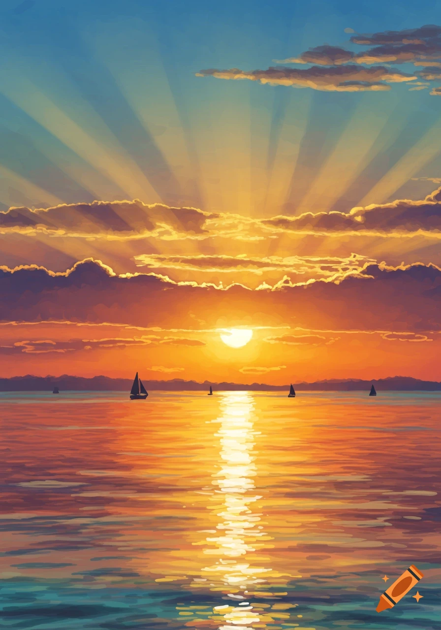 Illustration of a vibrant sunrise over the ocean with sailboats.