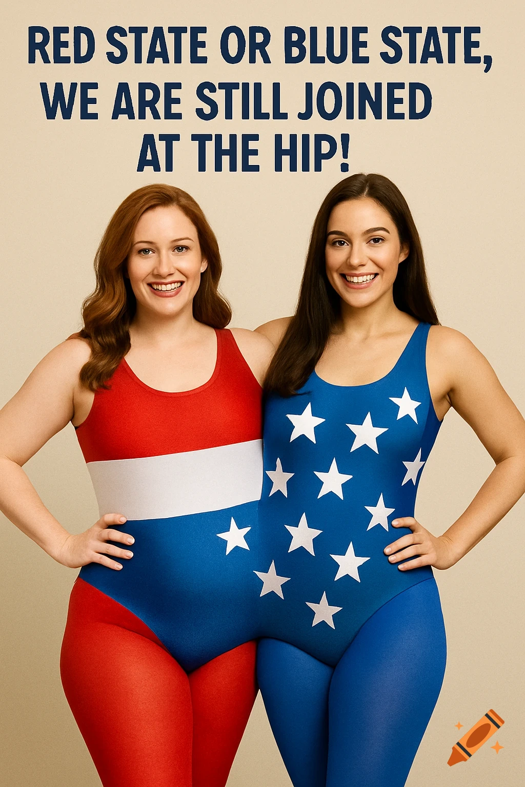 Two women joined at the hip in red and blue patriotic outfits with text.