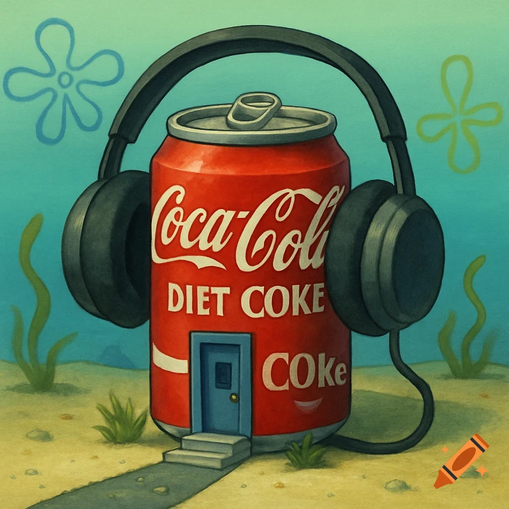 A Coca-Cola can house with headphones on a sandy ocean bottom, illustration style.