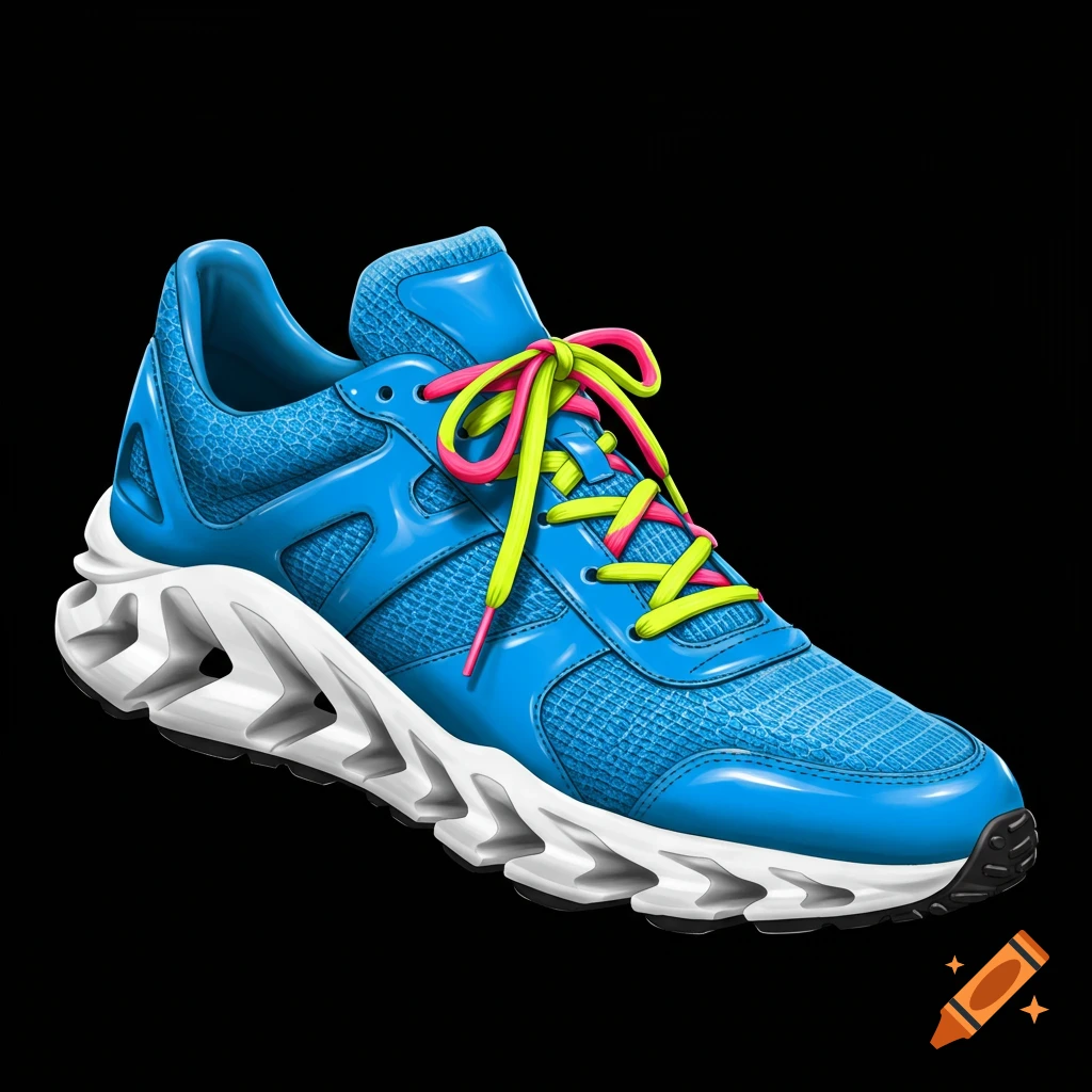 A bright blue sneaker with neon pink and yellow laces floats on a black background.