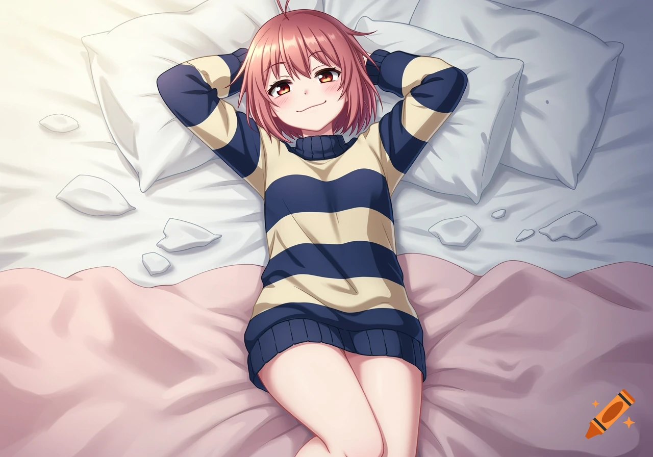 Anime character lying on a bed with hands behind head