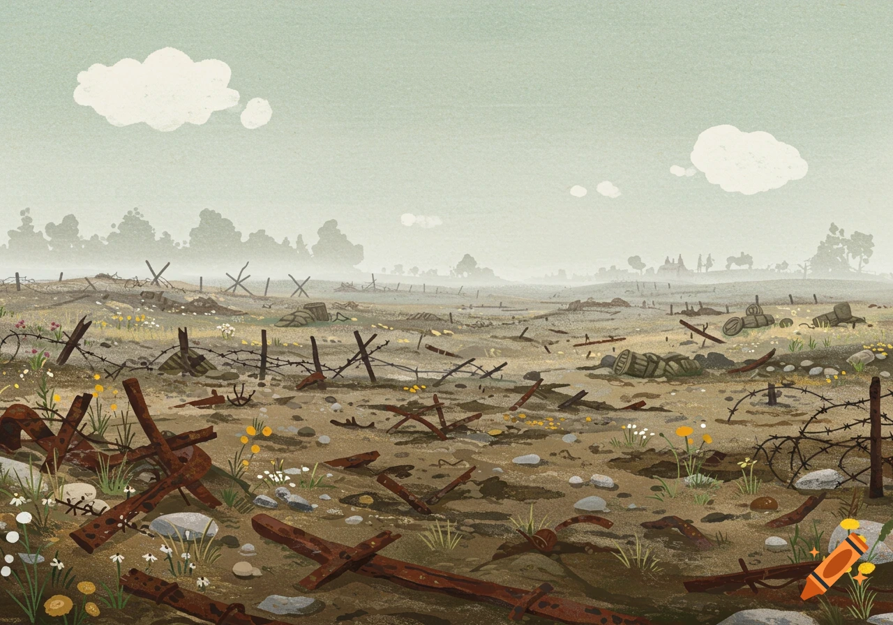 Stylized illustration of a WWI battlefield landscape with barbed wire, debris, and scattered flowers under a cloudy sky.