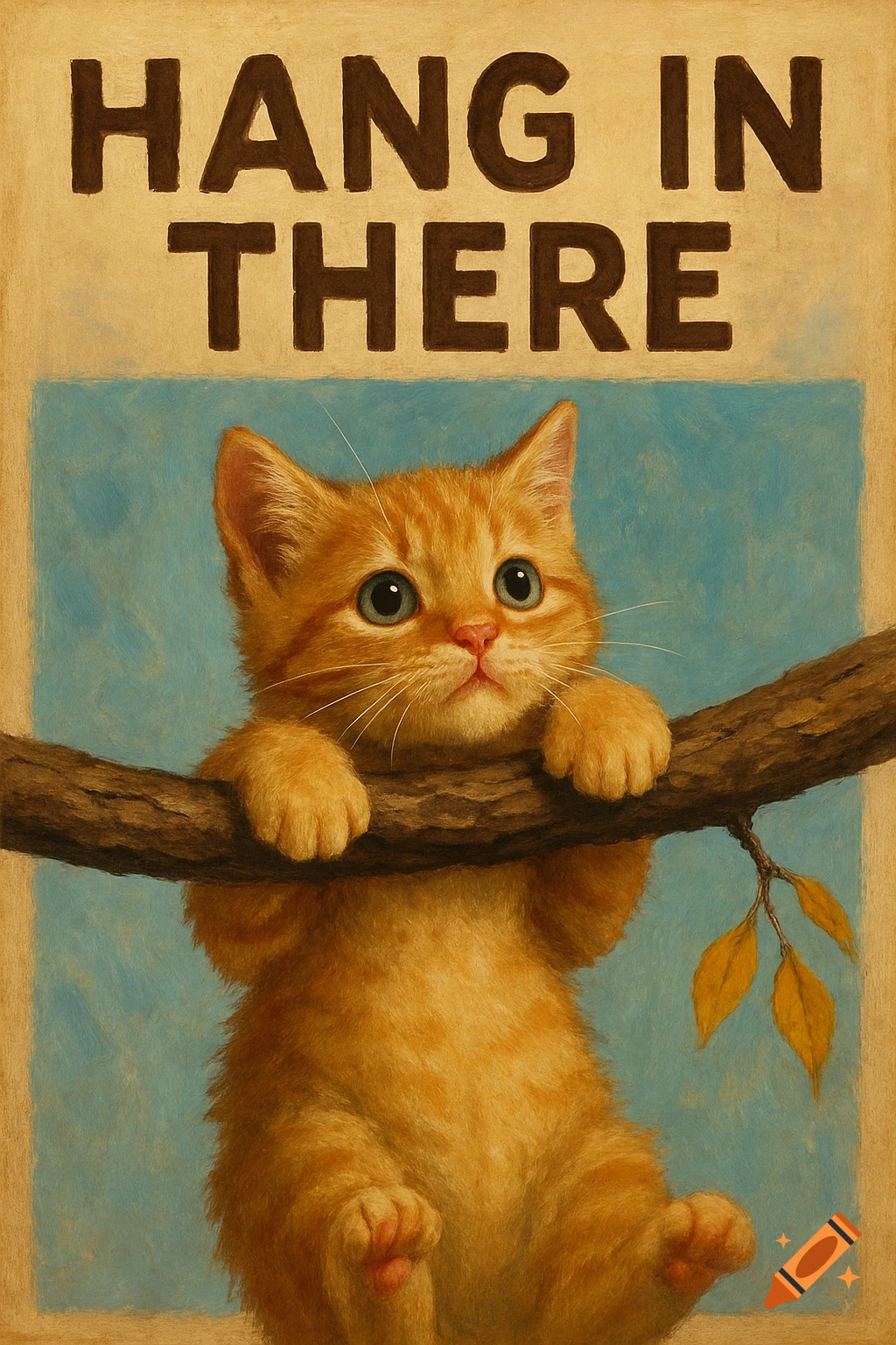 Illustration of an orange kitten hanging from a tree branch with 'HANG IN THERE' text.
