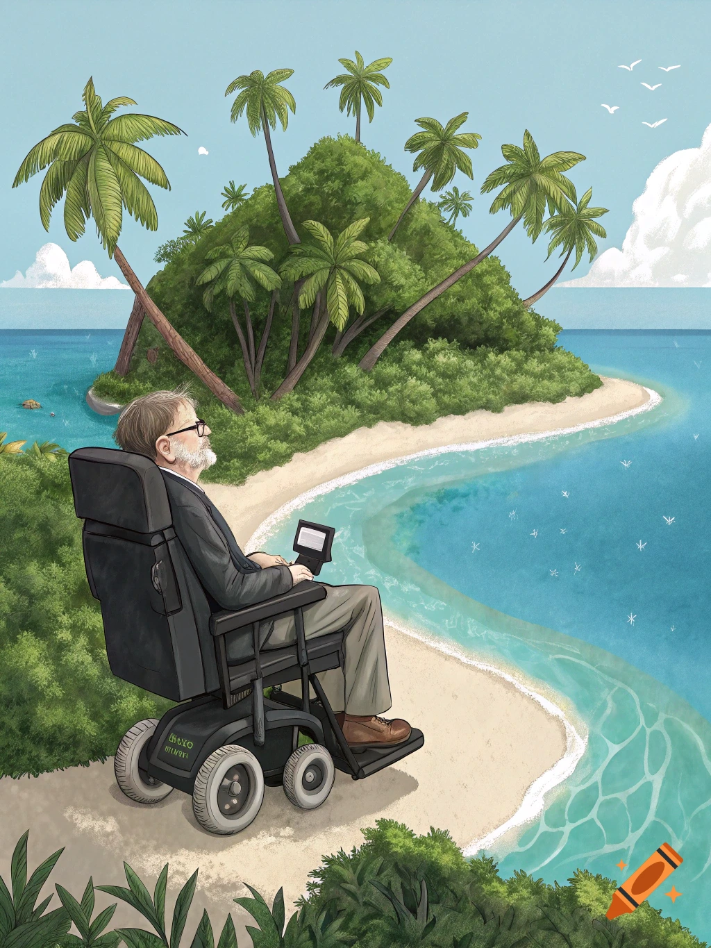 Illustration of a man in a wheelchair looking out at a tropical island beach.