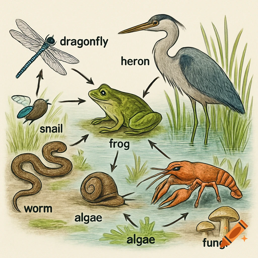 Illustration of a wetland food web diagram with labeled organisms like frog, heron, dragonfly, snail, worm, algae, and fungi connected by arrows.