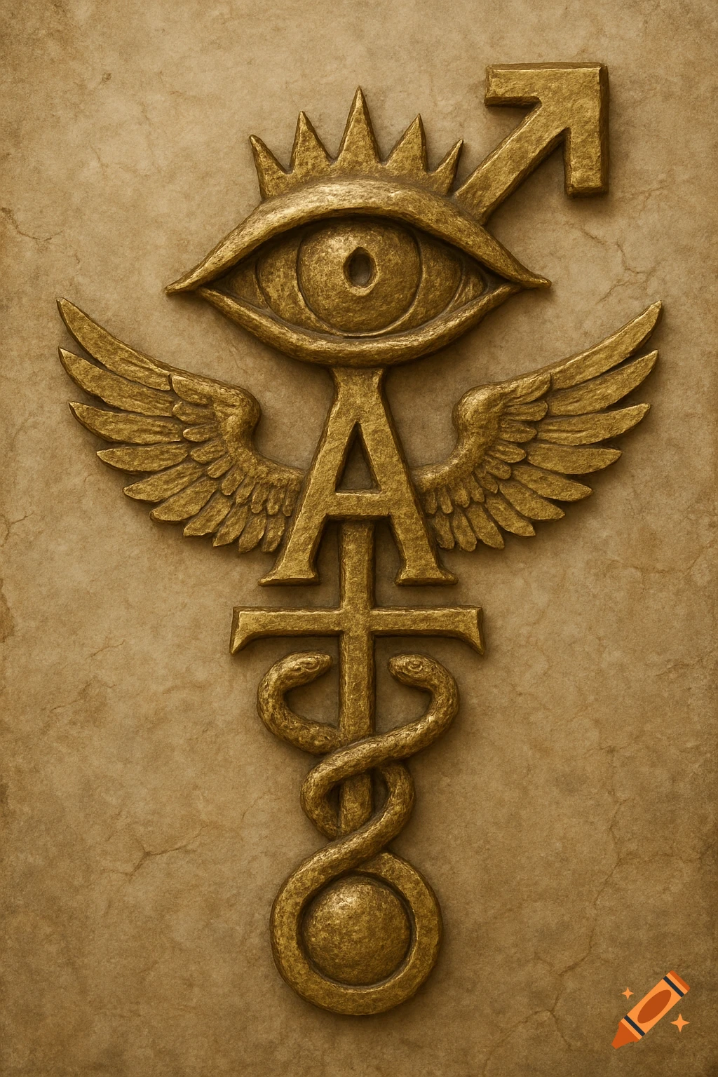 Gold-colored symbol of an eye, wings, letters A and T, and snakes wrapped around a rod, in relief on a stone background.