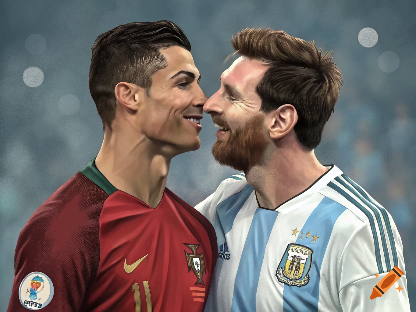 Painting of Cristiano Ronaldo and Lionel Messi looking close at each other in soccer jerseys.