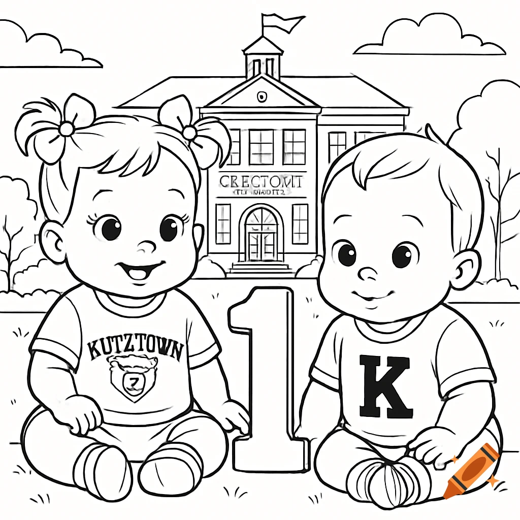 Coloring page of baby girl and boy with number 1 in front of a school