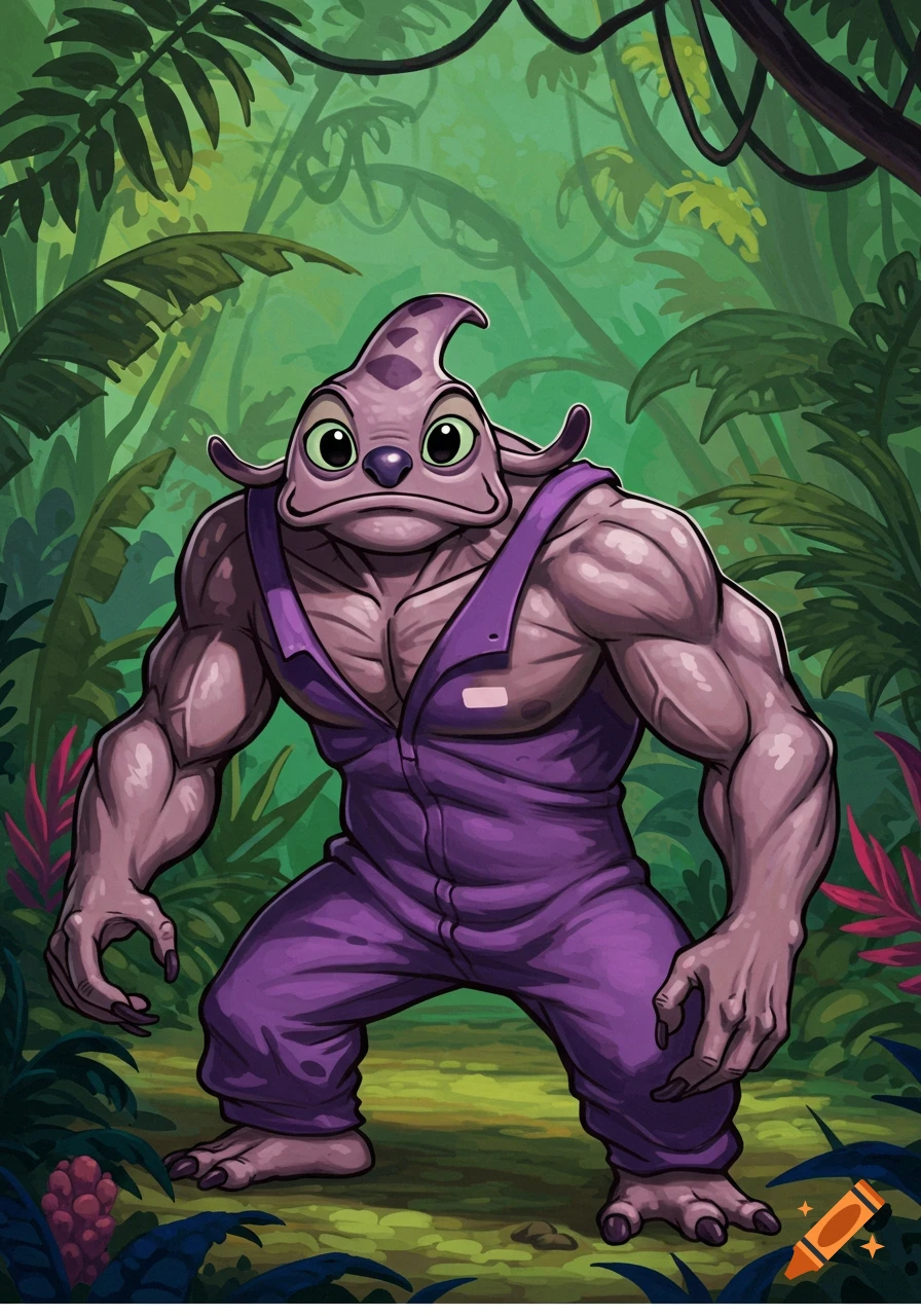 Muscular purple alien character in purple overalls standing in a jungle, cartoon style.