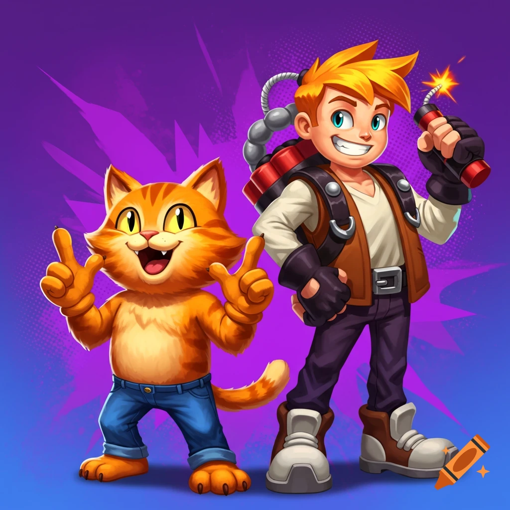 Cartoon illustration of an orange cat and a boy on a purple background. The cat makes peace signs, the boy holds lit dynamite.