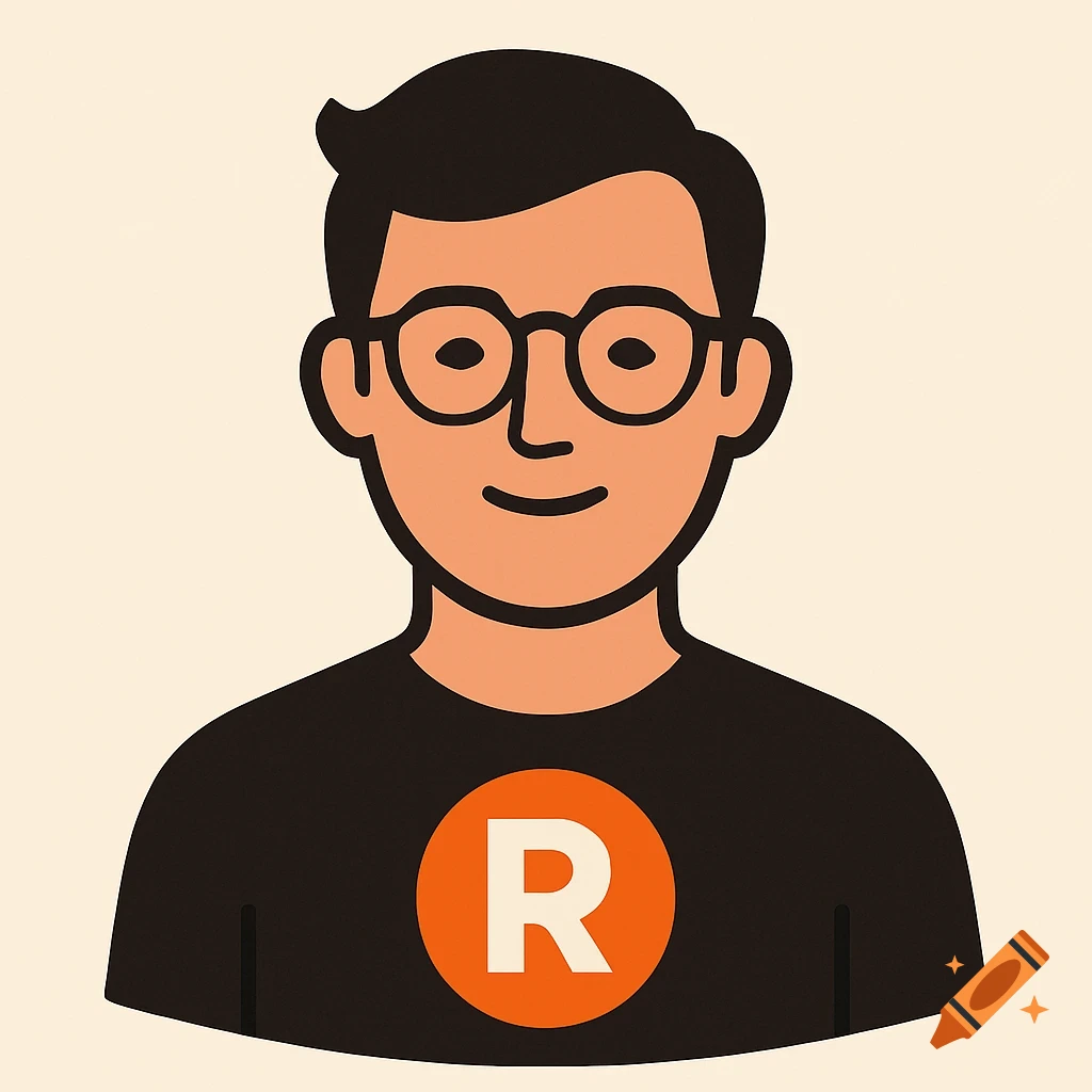 Stylized illustration of a person with glasses wearing a black shirt with an orange circle containing the letter R.