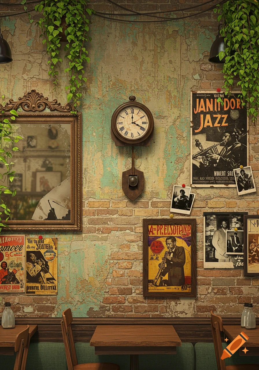 A cafe wall with distressed paint, brick, vintage jazz posters, a clock, mirror, hanging plants, and tables.