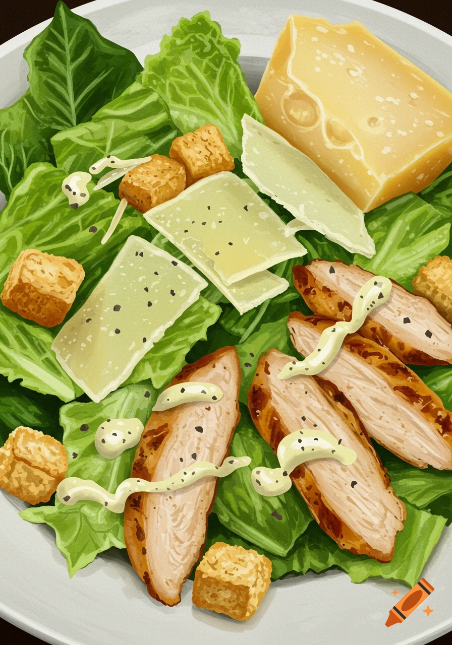 A close-up view of a Chicken Caesar salad with lettuce, croutons, parmesan cheese, chicken slices, and dressing.