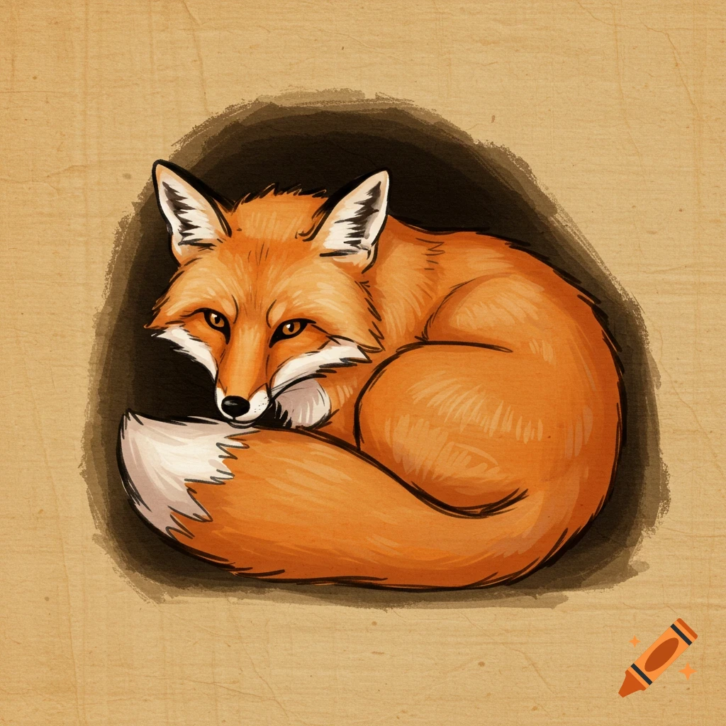 A red fox is curled up in a den opening, drawn in an ink brush style on textured paper.