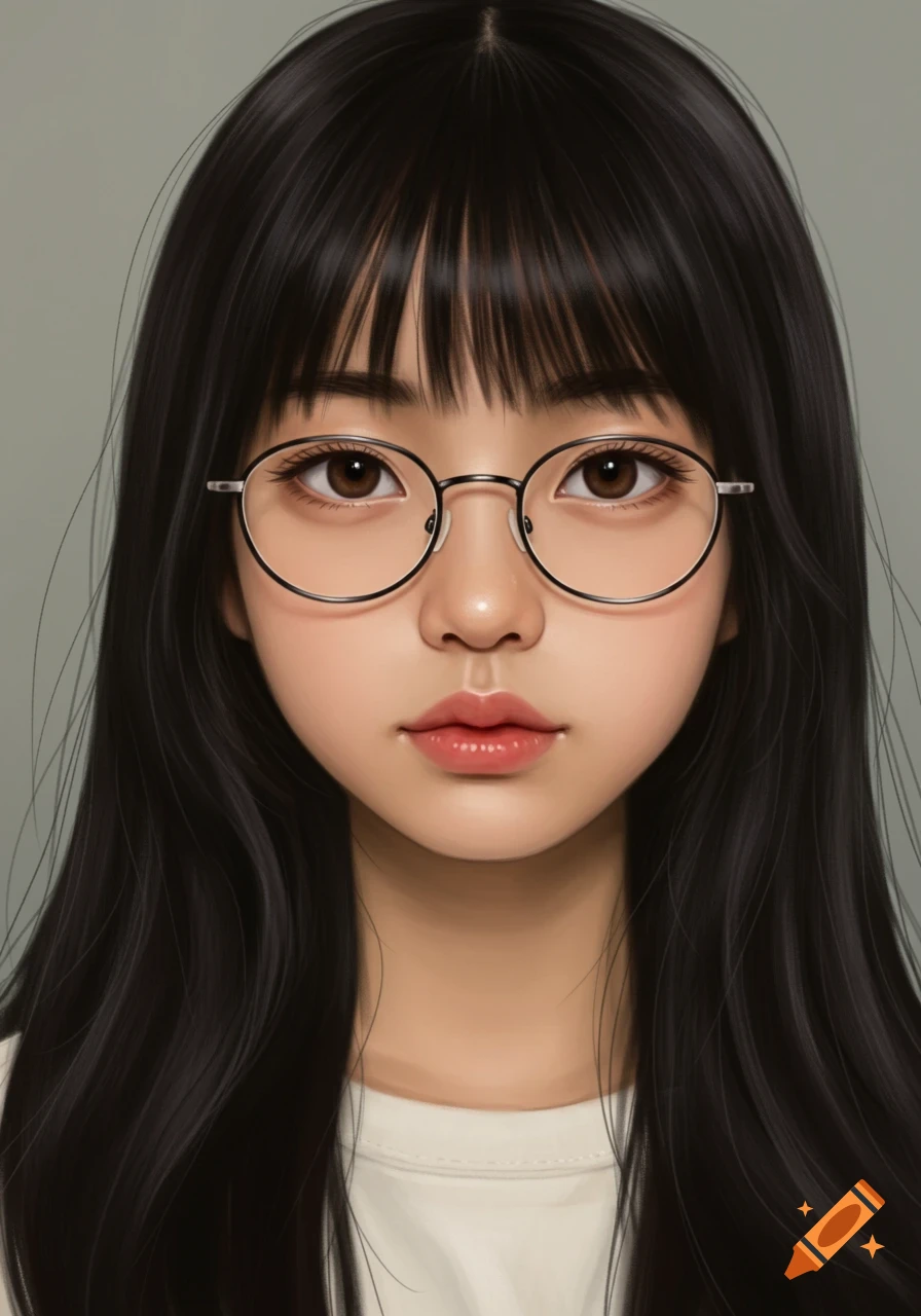 A realistic drawing portrait of a young Asian woman with glasses and long black hair.