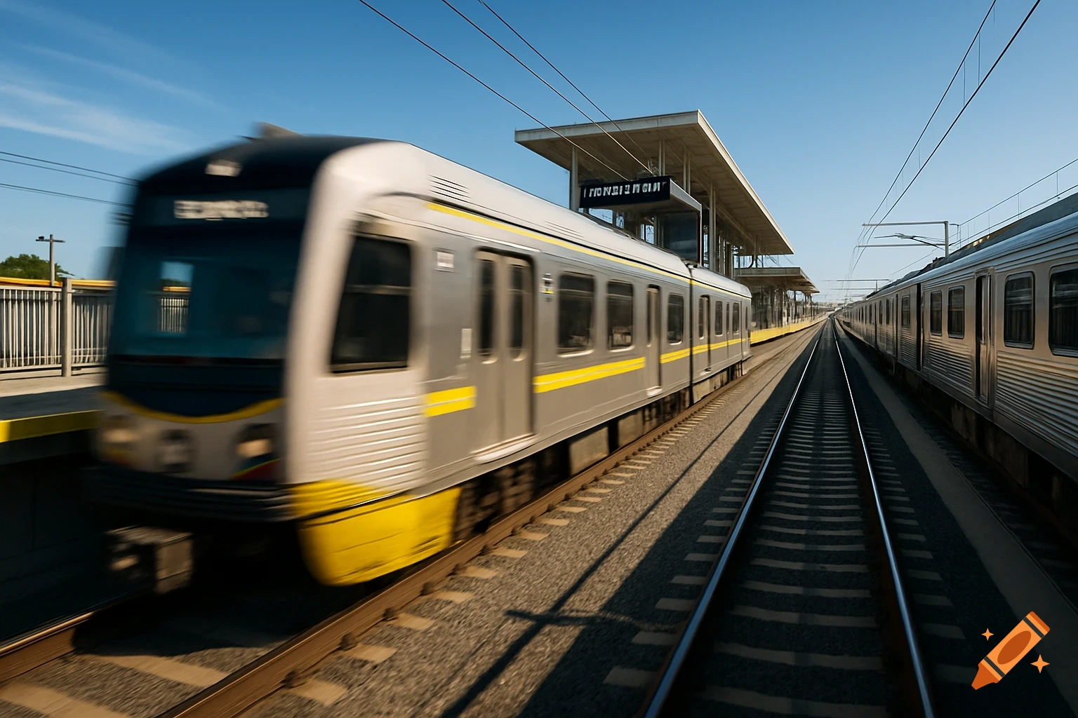A blurred silver and yellow train speeds past a station with a second train on the right.