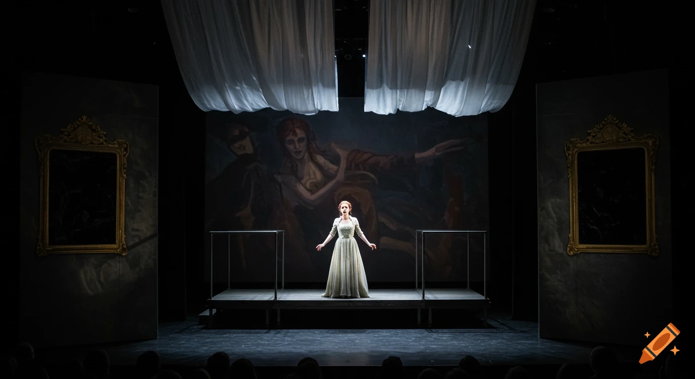 A woman in a dress stands on a stage with a painted backdrop and mirrors, under theatrical lighting.