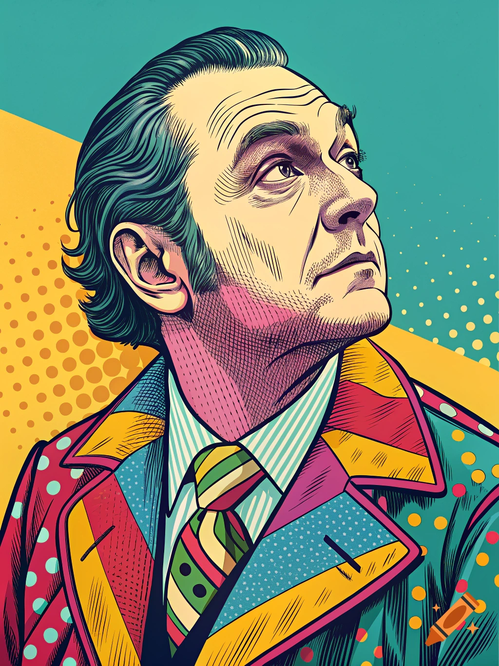 Pop art portrait of a man in a colorful suit and tie looking up.
