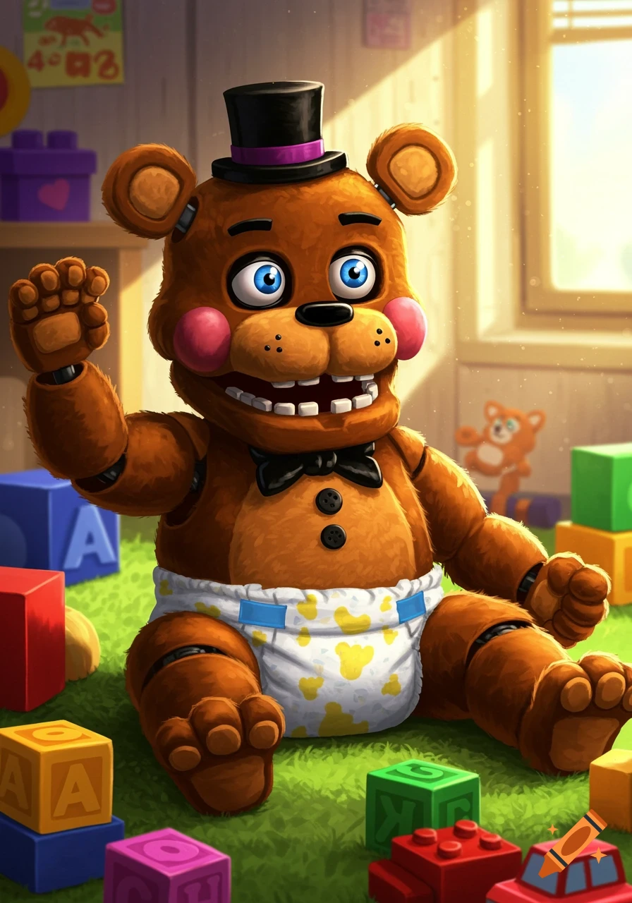 Cartoon illustration of Freddy Fazbear wearing a diaper and sitting among toy blocks in a sunny room.