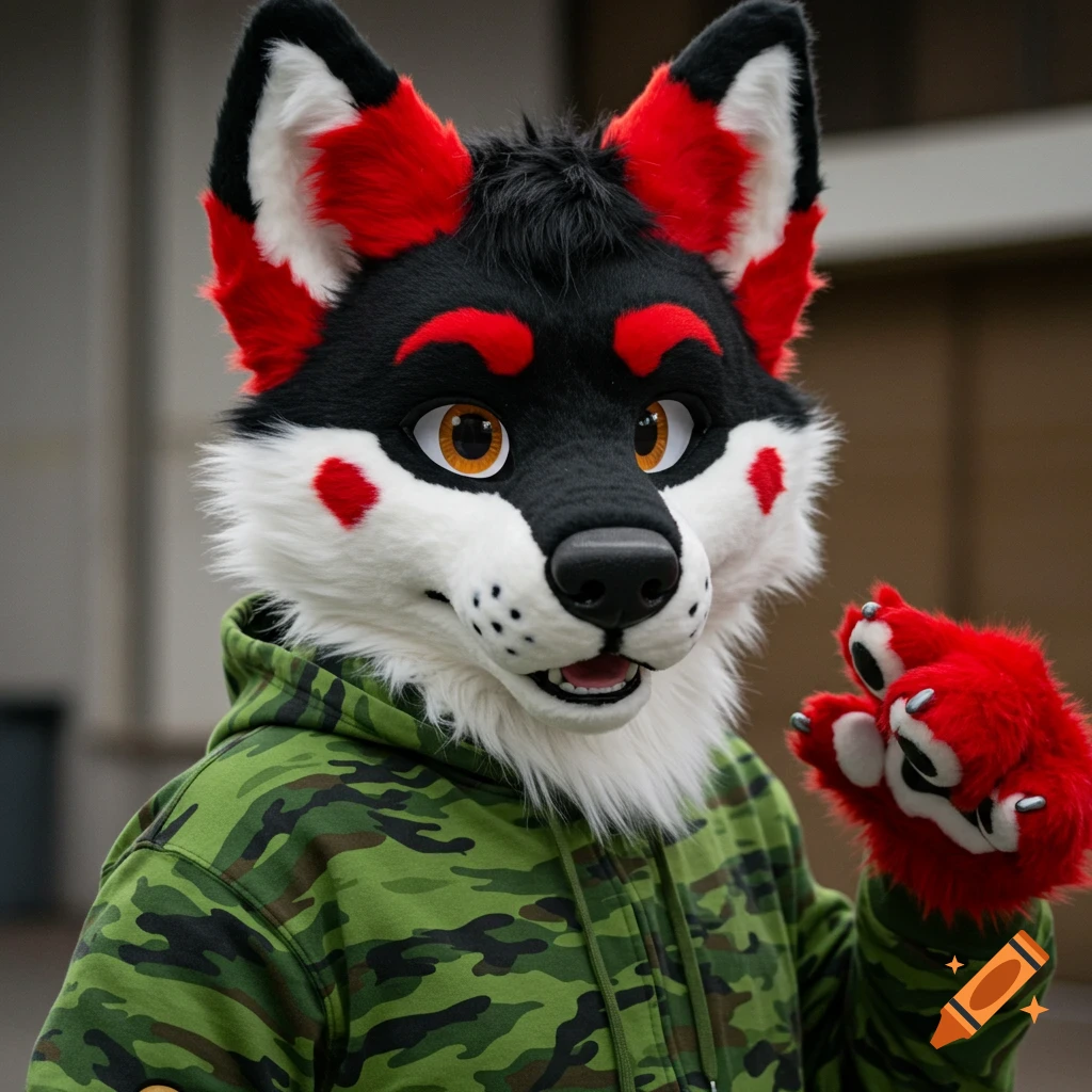 Close-up portrait of a fursuit wolf in a green camo hoodie.