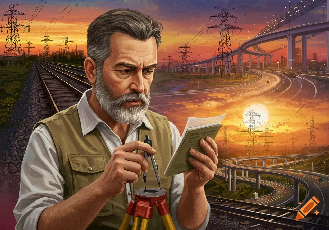 A surveyor stands by train tracks, looking at a notebook with power lines, highways, and a city skyline in the background at sunset.