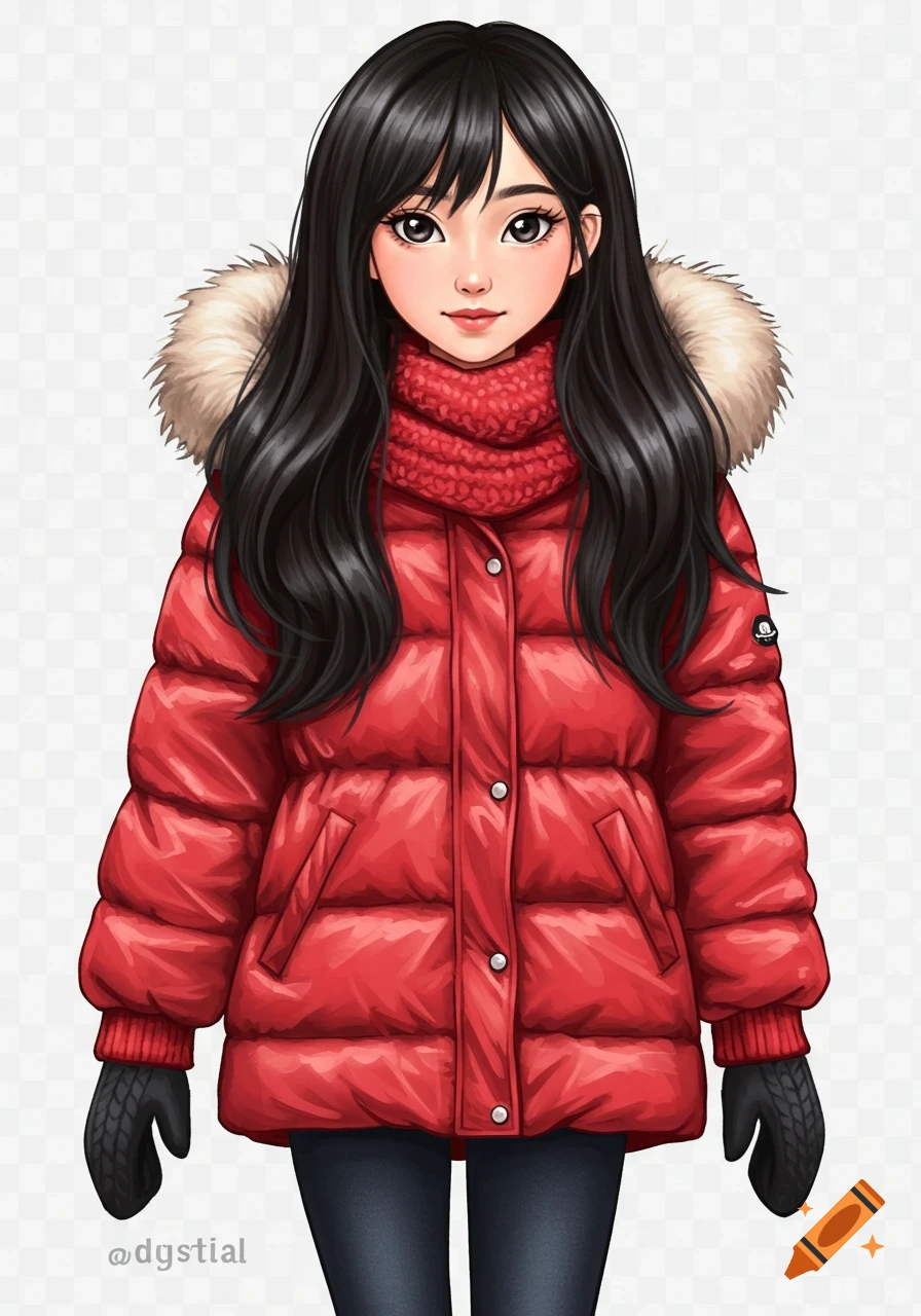 Illustration of an Asian girl in a red puffer jacket, scarf, and mittens.