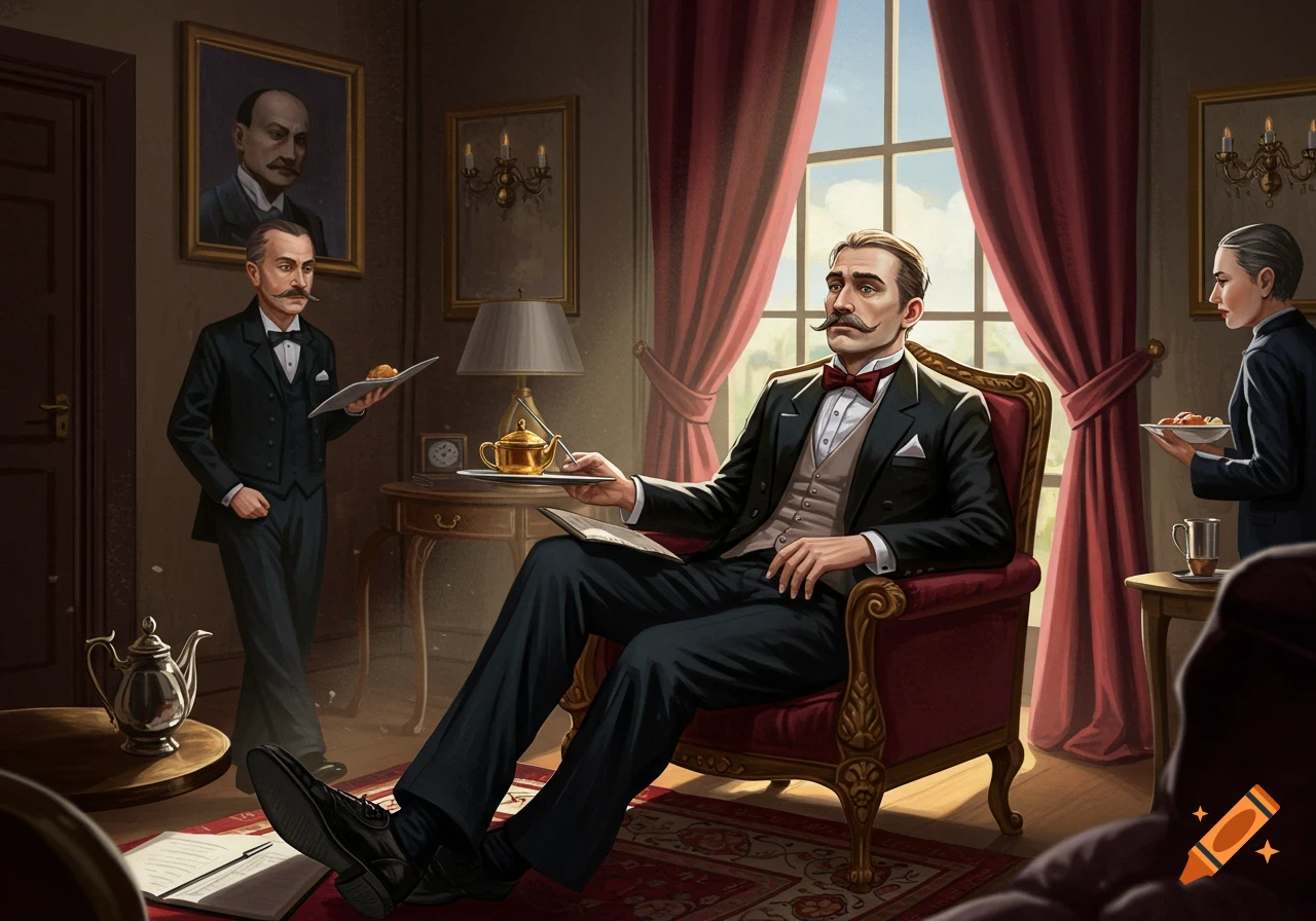 Man in formal wear served by butlers in a luxurious room.