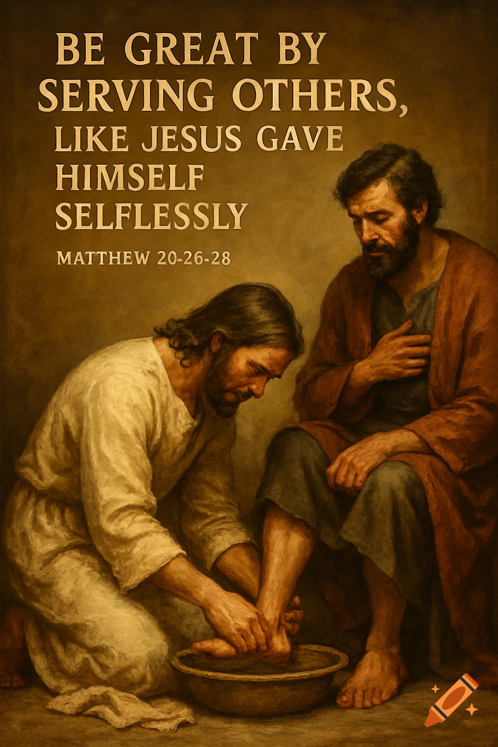 Painting of Jesus washing the feet of another man with text overlay.