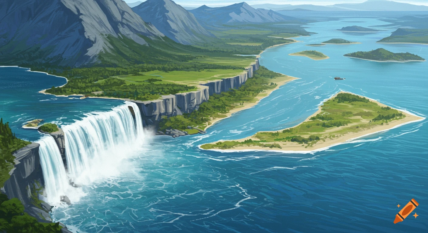 Aerial illustration of a river system with a large waterfall, cliffs, mountains, and islands.