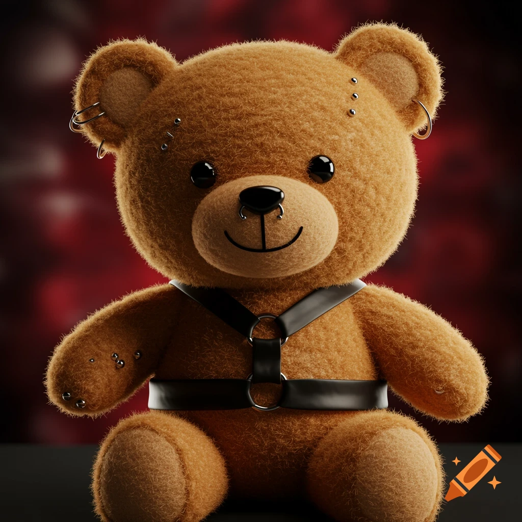 A tan teddy bear with piercings and a black leather harness sits against a red background.