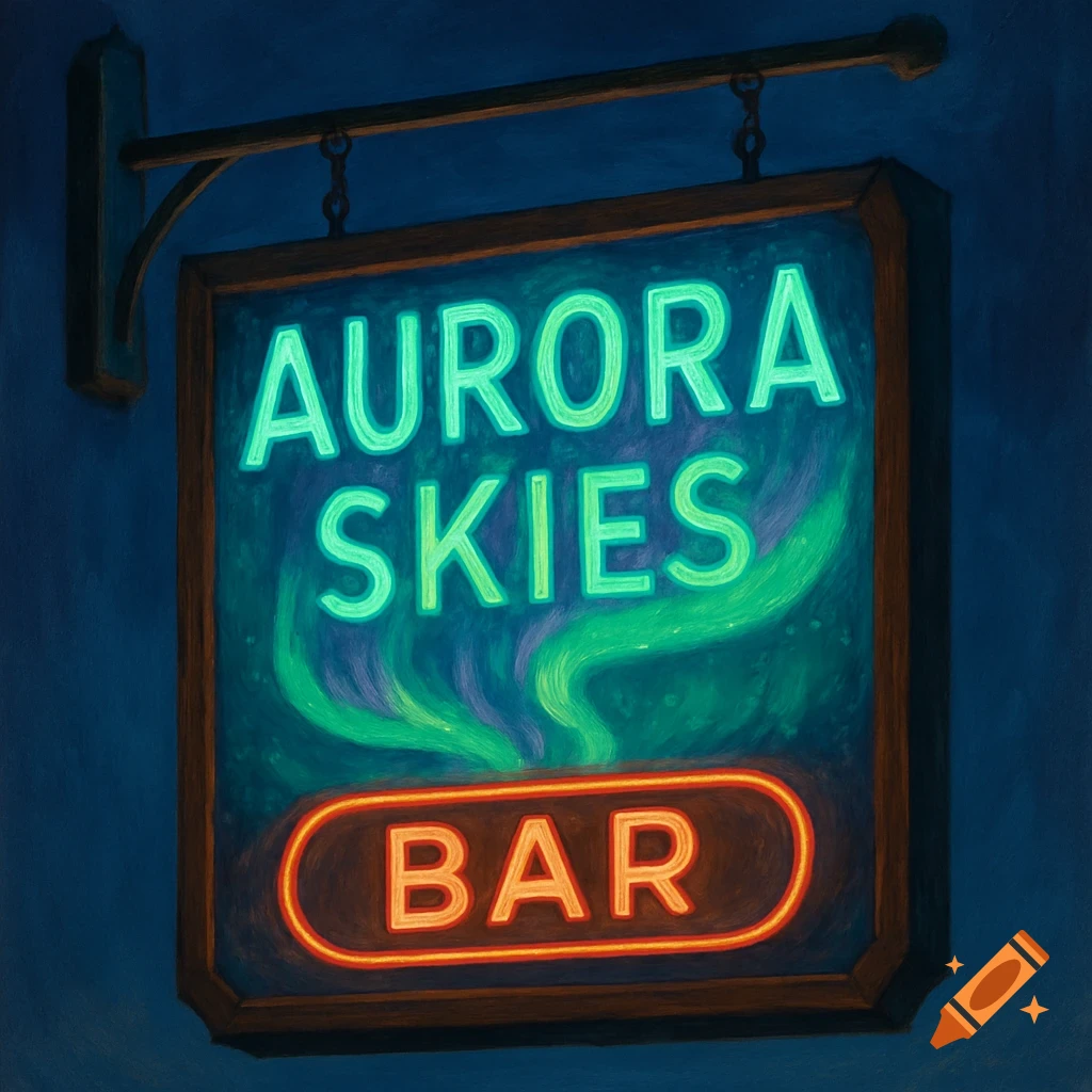 Neon sign for "Aurora Skies Bar" with green and orange text and an aurora background.