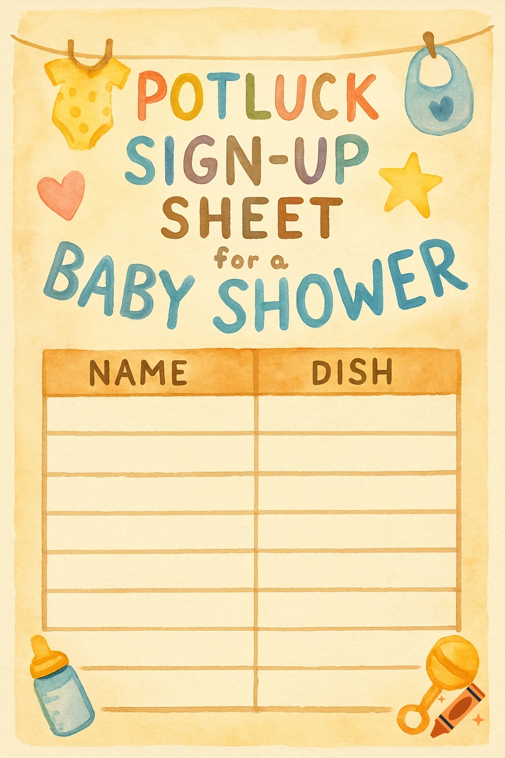 Watercolor potluck sign-up sheet for a baby shower with illustrations of baby items.