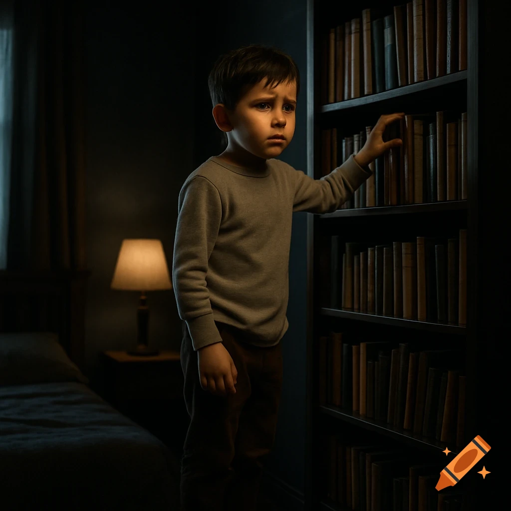 Young boy looking at books on a shelf in a dark bedroom.