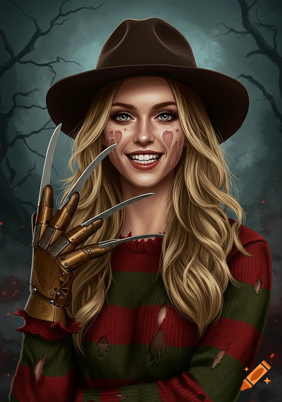 A woman dressed as Freddy Krueger, wearing a hat and a striped sweater, with bladed gloves and scars on her face.