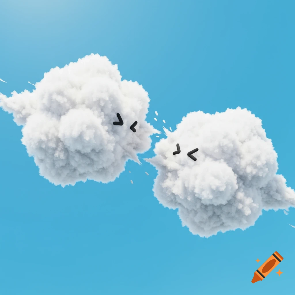 Two cartoon clouds blowing at each other in a blue sky.