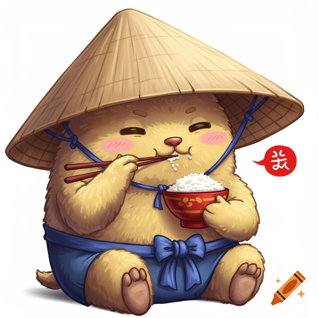 Cute fuzzy character wearing a conical hat and blue outfit eating rice with chopsticks from a red bowl, digital art