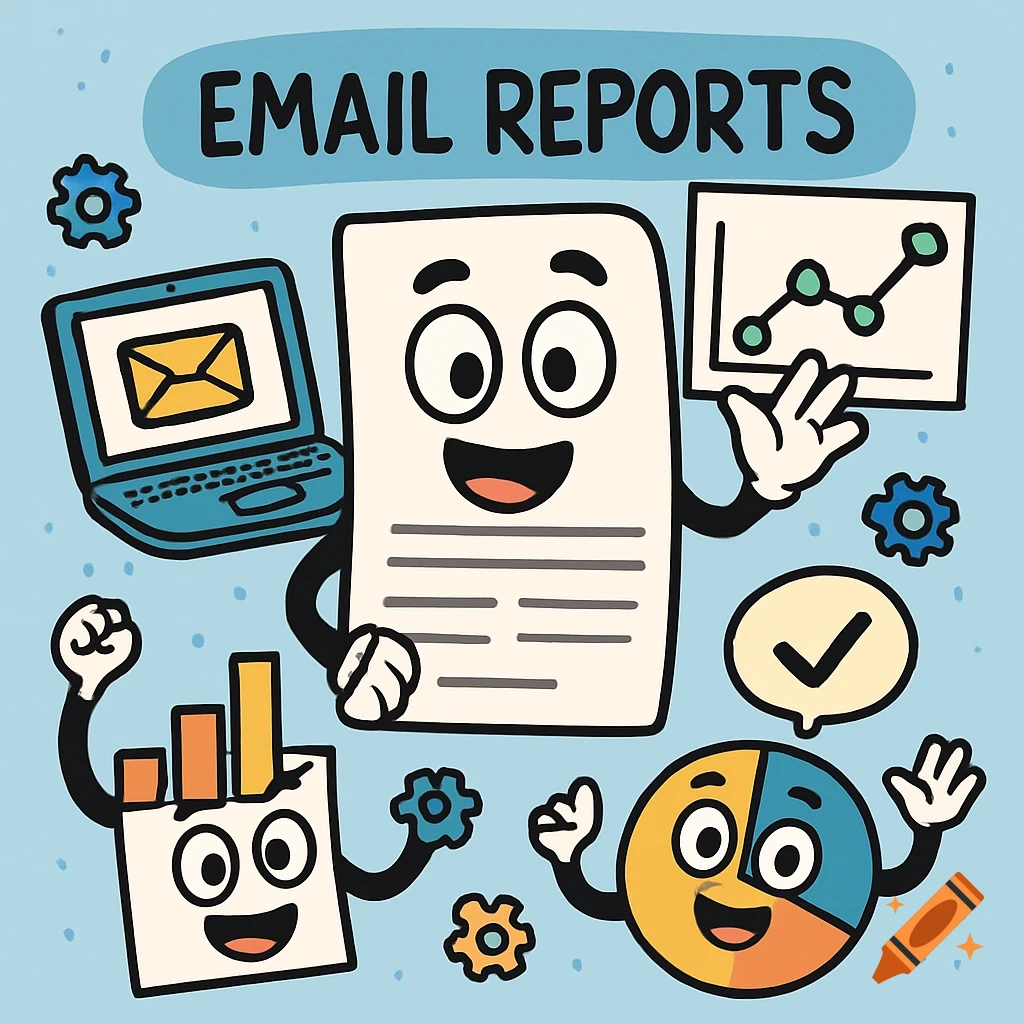 Cartoon illustration about email reports with character documents, charts, and a laptop.